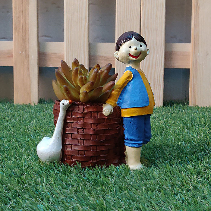 Boy with Duck & Basket Succulent Planter for Home Decoration