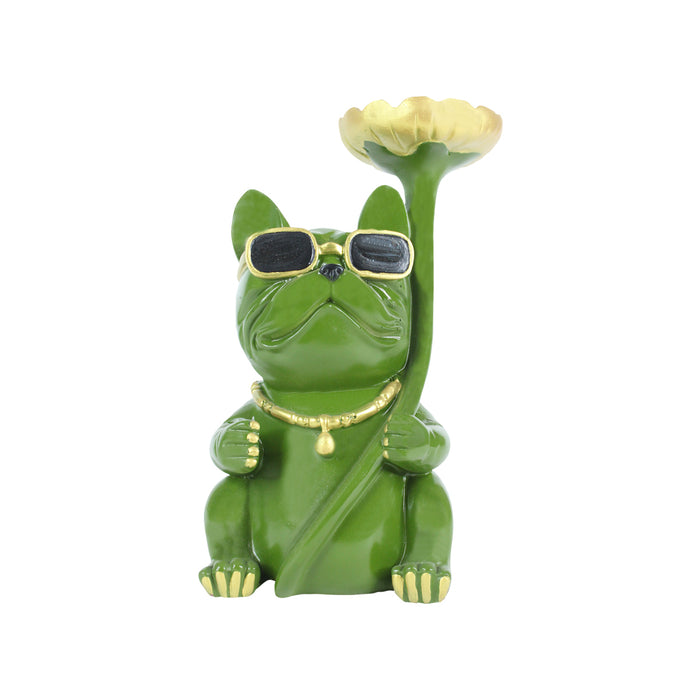 Green Dog with Flower Plate Statue