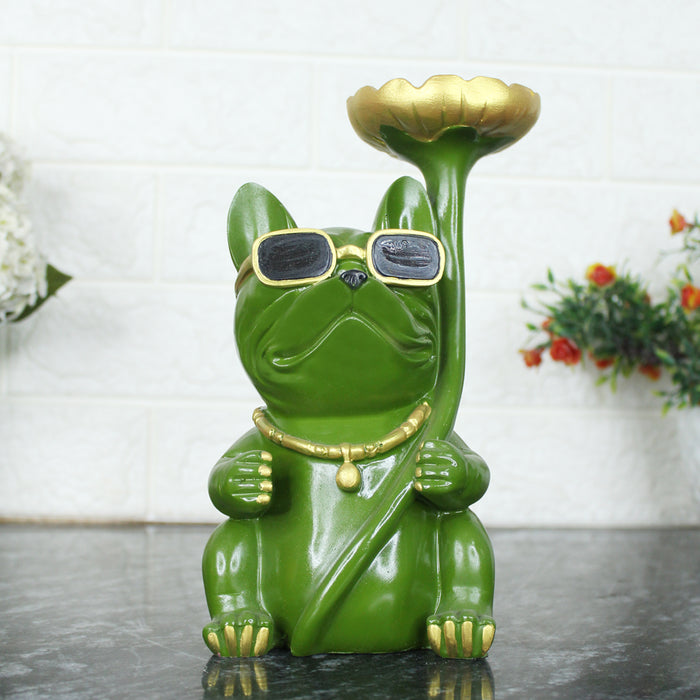 Green Dog with Flower Plate Statue