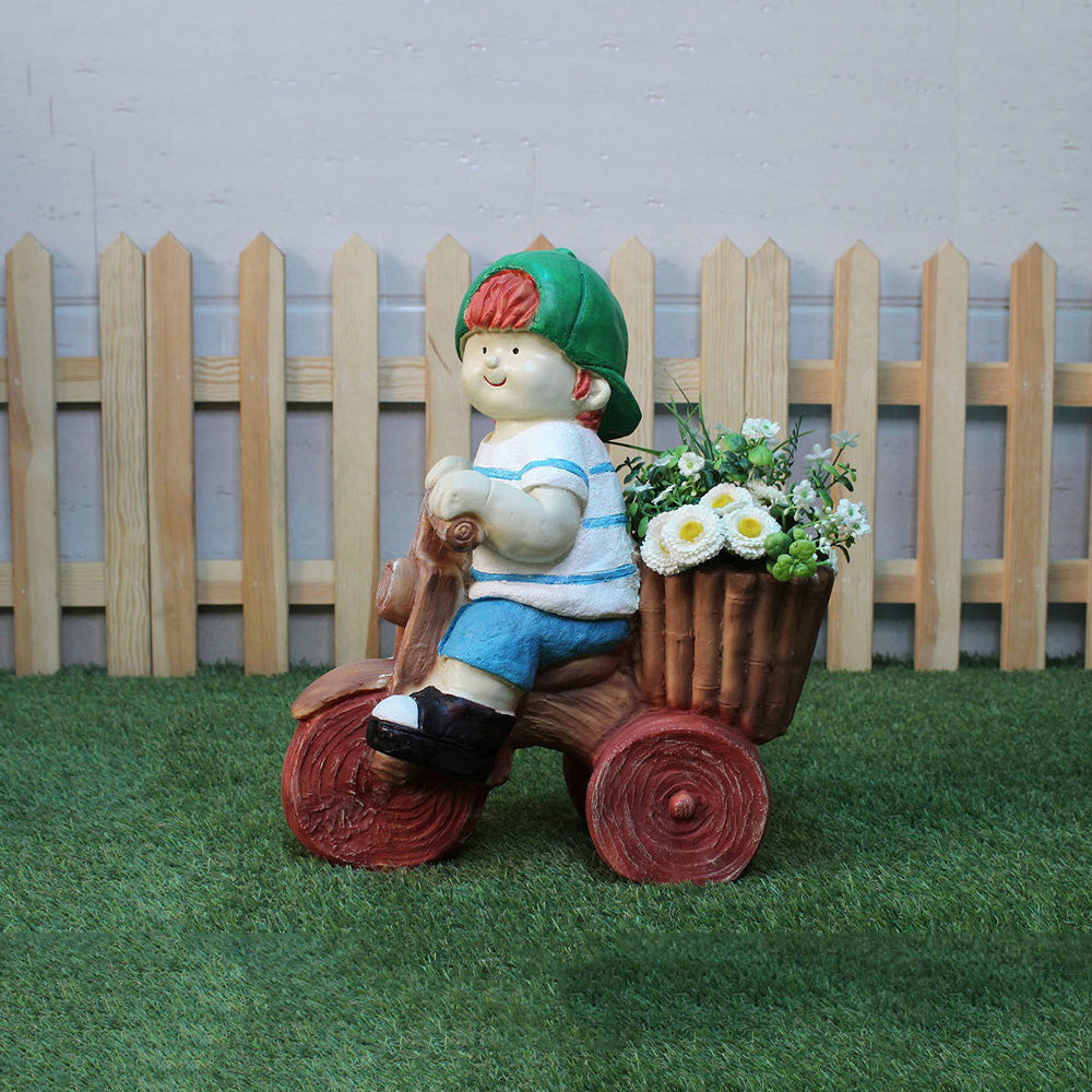Boy on Cycle Pot Planter for Balcony and Garden Decoration (Light Blue)