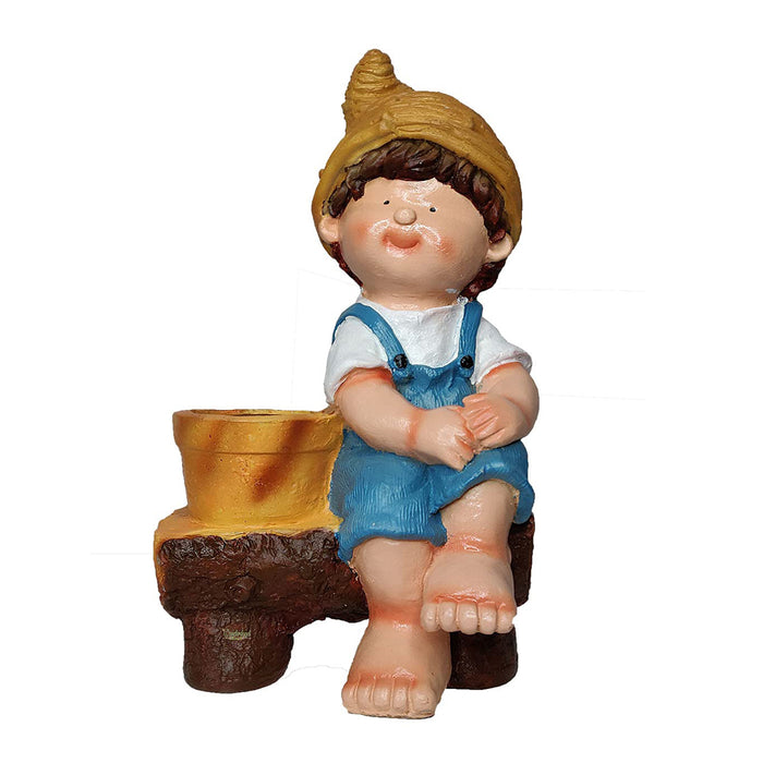 Boy Sitting on Bench with Pot Planter for Balcony and Garden Decoration