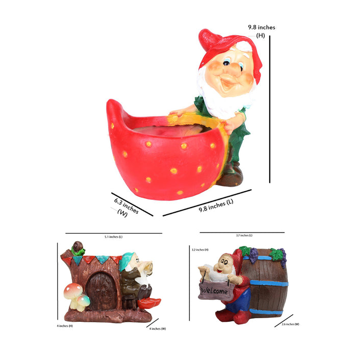 (Set of 3) Strawberry Gnome & Gnome Succulent Pots