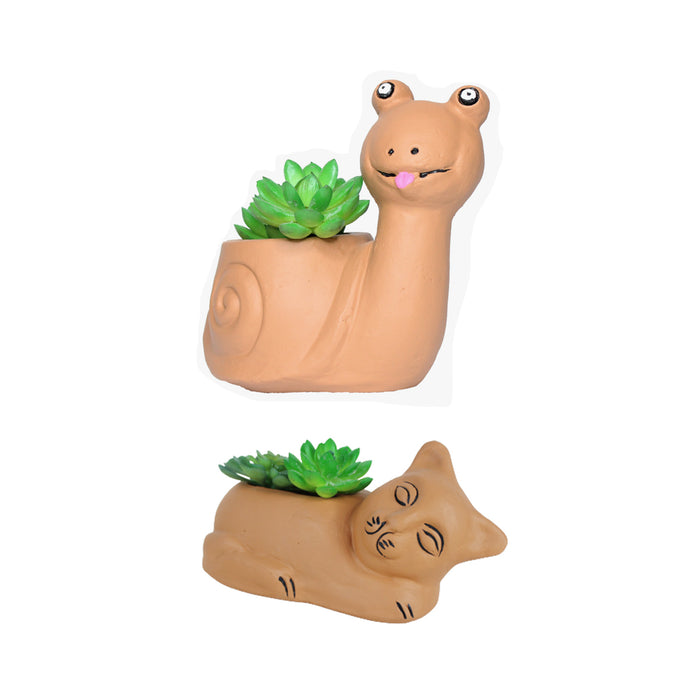 (Set of 2) Terracotta Snail and Cat Pot