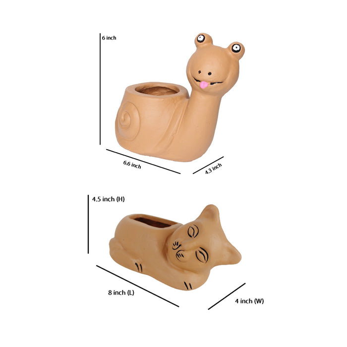 (Set of 2) Terracotta Snail and Cat Pot