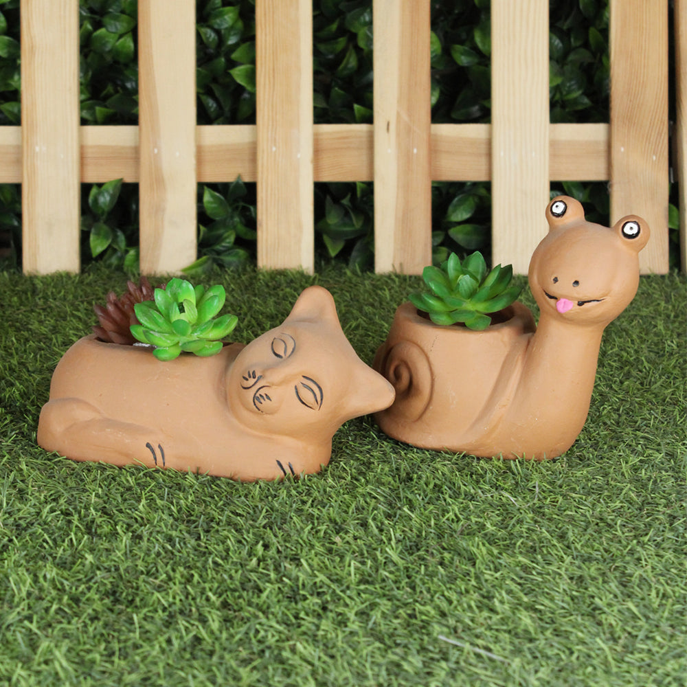 (Set of 2) Terracotta Snail and Cat Pot
