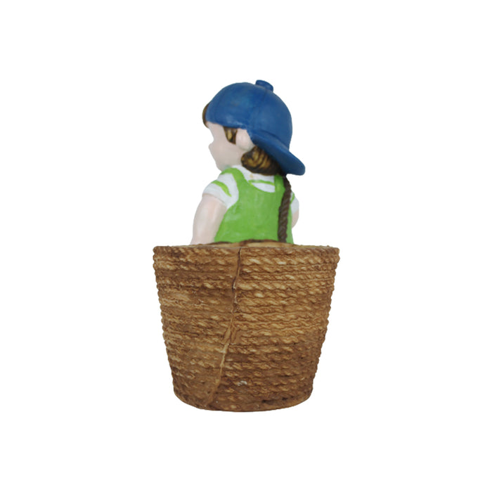 Boy with cap and big pot planter