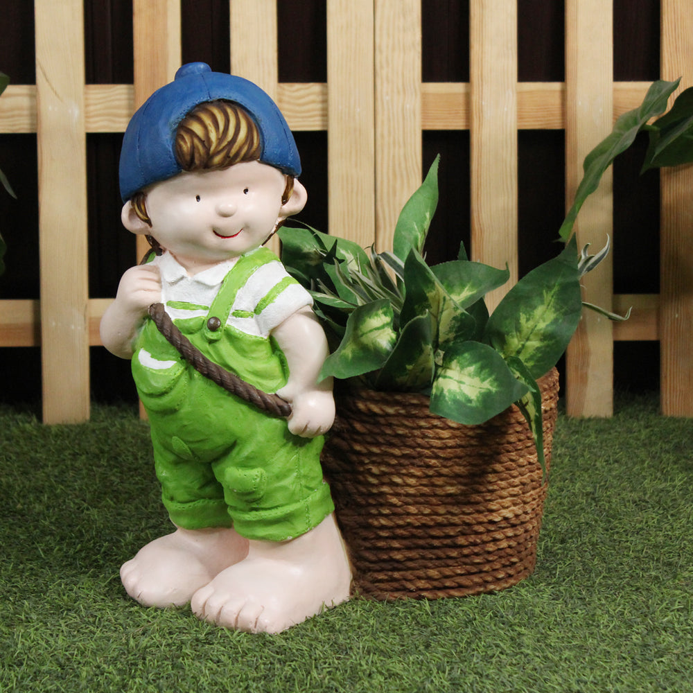 Boy with cap and big pot planter