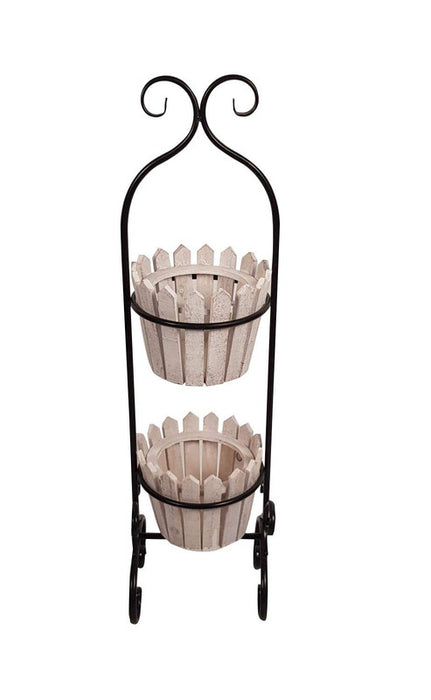 Metal and Wooden Plant Stand with 2 Pot for Home Decoration