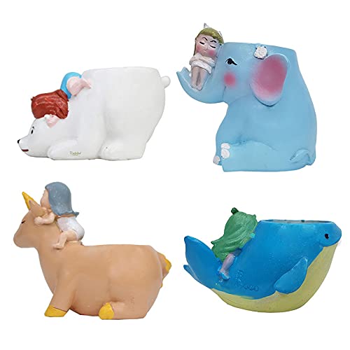 (Set of 4) Polar Bear, Blue Elephant, Whale, Pink Unicorn Succulent Pot