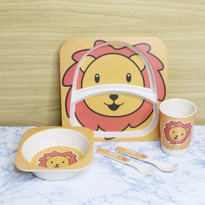 Wonderland Lion style (Set of 5 Pcs) Eco-Friendly Kids Bamboo Fiber Tableware Set/Bamboo Fiber Dinner Set/Dinnerware/Divided Plate for Babies