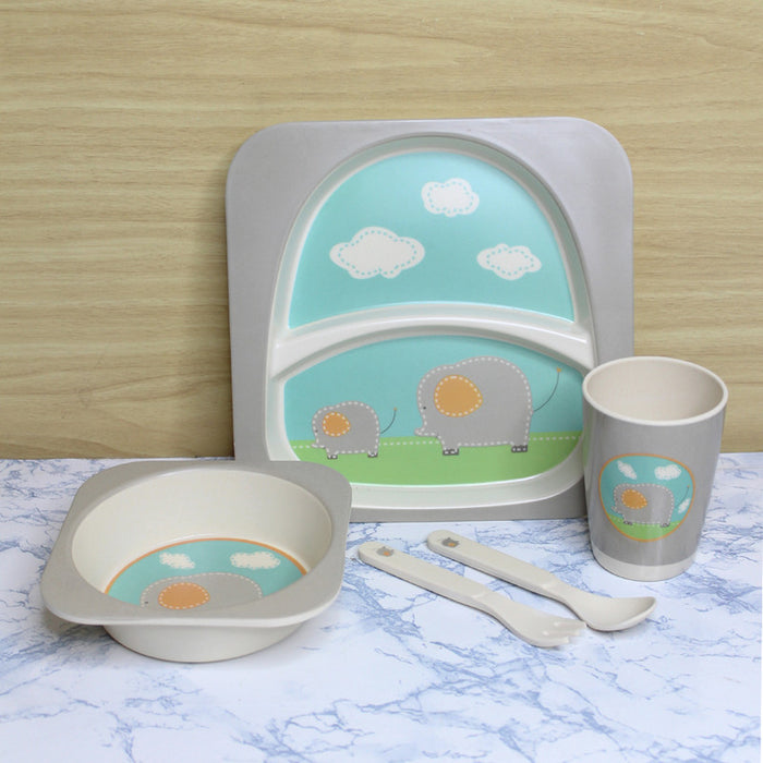 Wonderland Elephant style (Set of 5 Pcs) Eco-Friendly Kids Bamboo Fiber Tableware Set/Bamboo Fiber Dinner Set/Dinnerware/Divided Plate for Babies