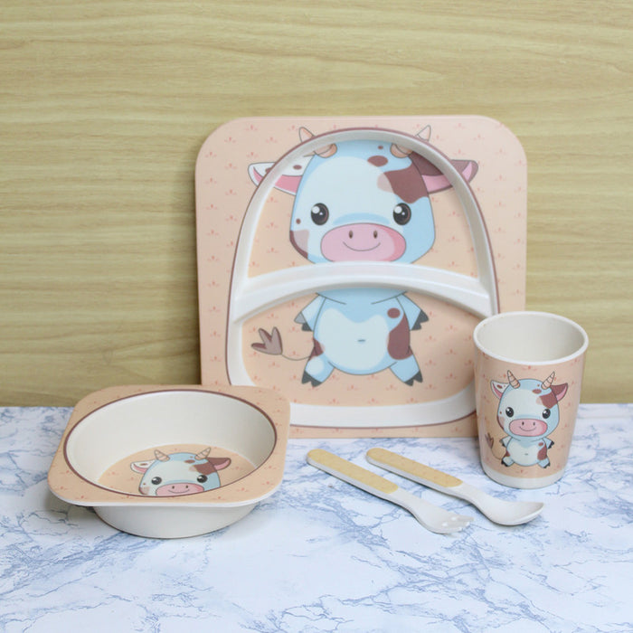 Wonderland moo moo cow style (Set of 5 Pcs) Eco-Friendly Kids Bamboo Fiber Tableware Set/Bamboo Fiber Dinner Set/Dinnerware/Divided Plate for Babies