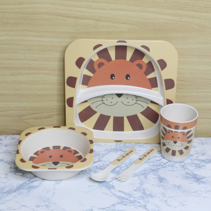Wonderland Happy Lion style (Set of 5 Pcs) Eco-Friendly Kids Bamboo Fiber Tableware Set/Bamboo Fiber Dinner Set/Dinnerware/Divided Plate for Babies