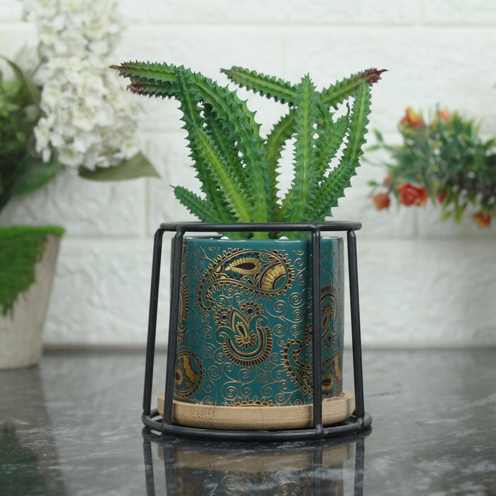 Small Marble Green Ceramic Pot with Succulent Flower