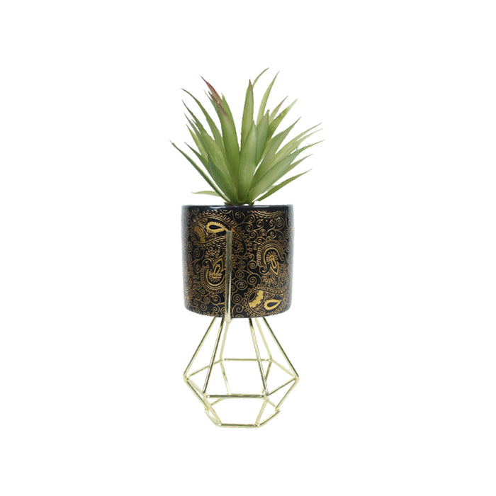 Black and Gold Ceramic Pot with Artificial Succulent and stand