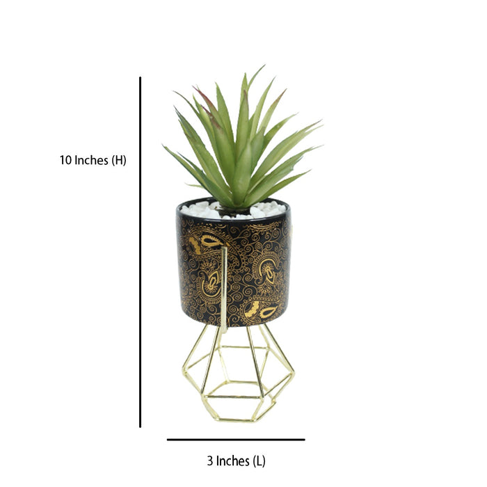 Black and Gold Ceramic Pot with Artificial Succulent and stand