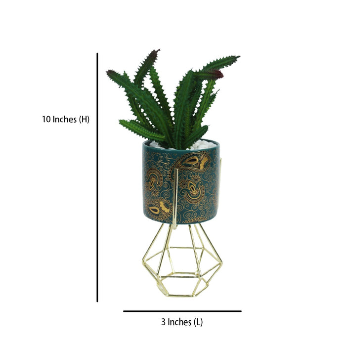 Blue and Gold Ceramic Pot with Artificial Succulent and stand