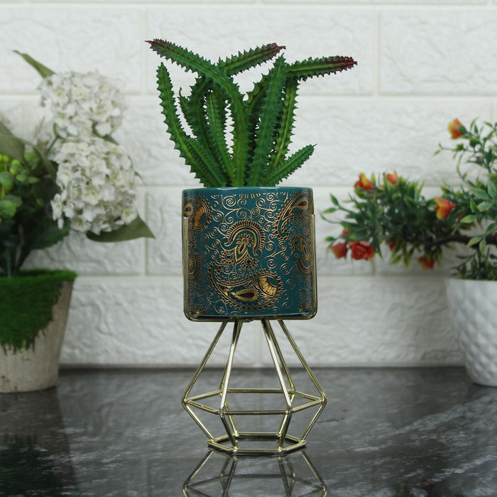 Blue and Gold Ceramic Pot with Artificial Succulent and stand