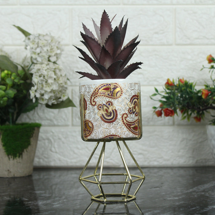 White and Ceramic Pot with Artificial Succulent and stand