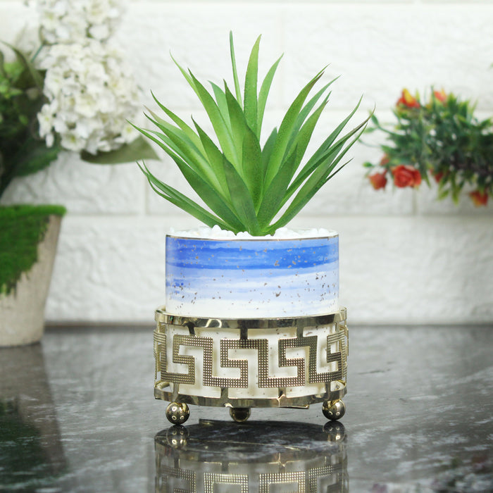Blue and Gold Ceramic Pots with Artificial Plant (Table Top)