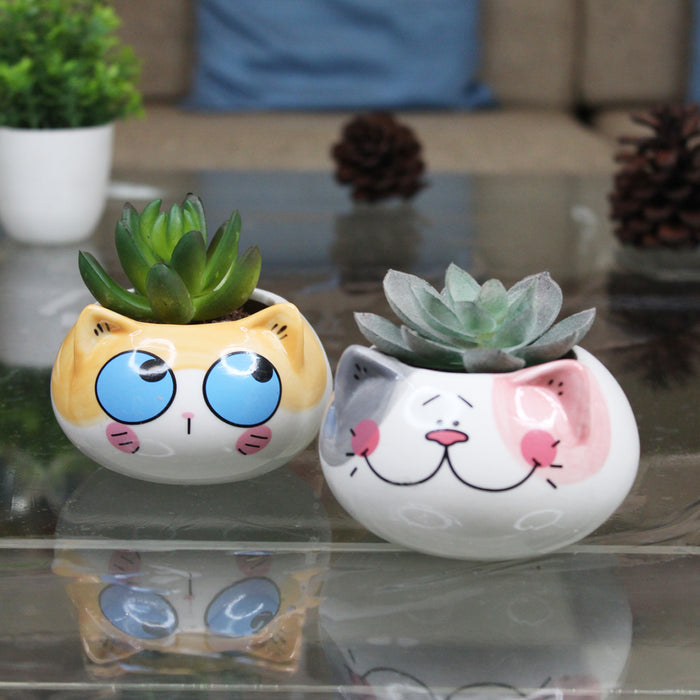 Imported Set of 2 Ceramic Cats Small Size Plants Pot