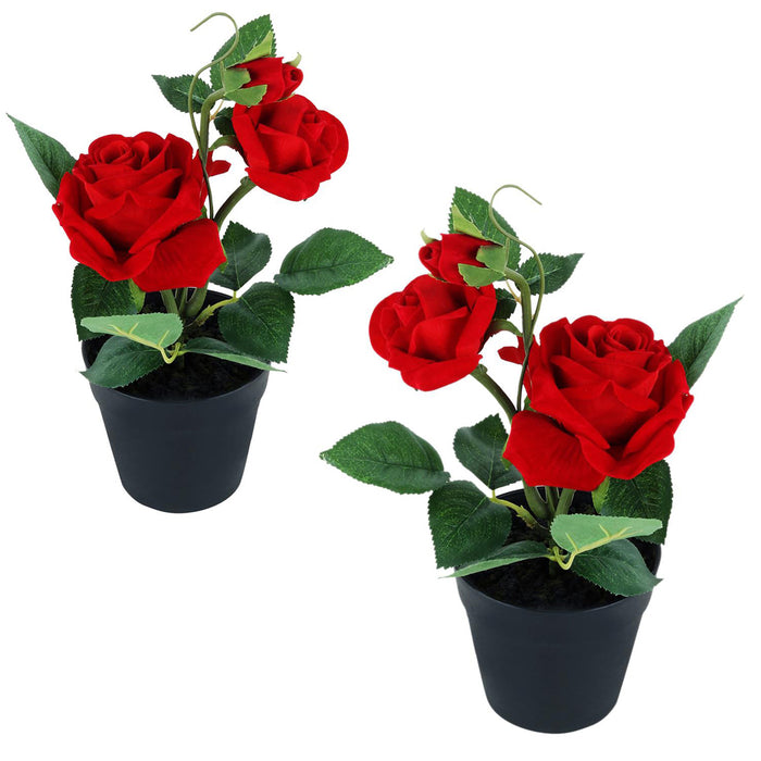 Red Rose with plastic pot (Set of 2) artificial flower with plastic pot and gravel