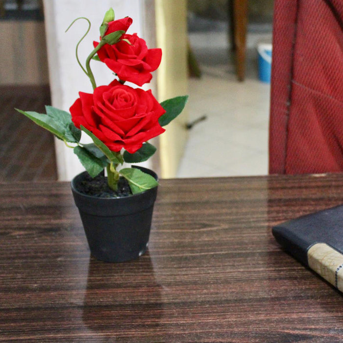 Red Rose with plastic pot (Set of 2) artificial flower with plastic pot and gravel