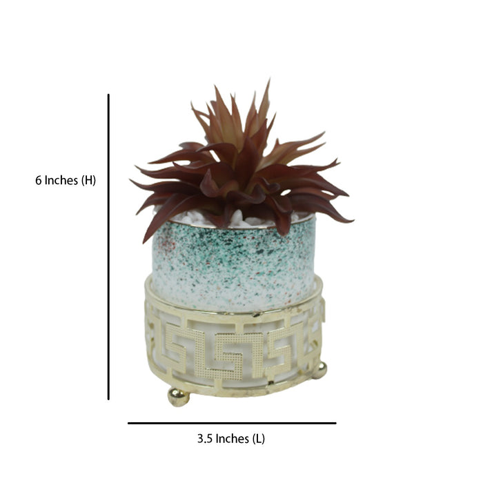 Light Blue and Gold Ceramic Pots with Artificial Plant (Table Top)