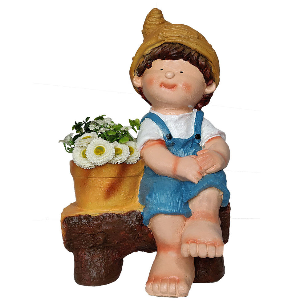 Boy Sitting on Bench with Pot Planter for Balcony and Garden Decoration