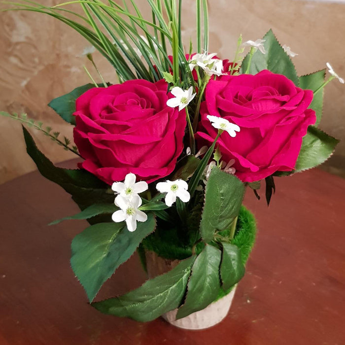 Artificial Flower THREE ROSE IN red WITH MOSS & BROWN POT