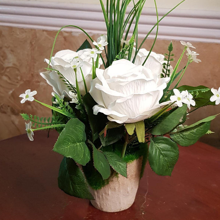 Artificial Flower THREE ROSE IN WHITE WITH MOSS & BROWN POT