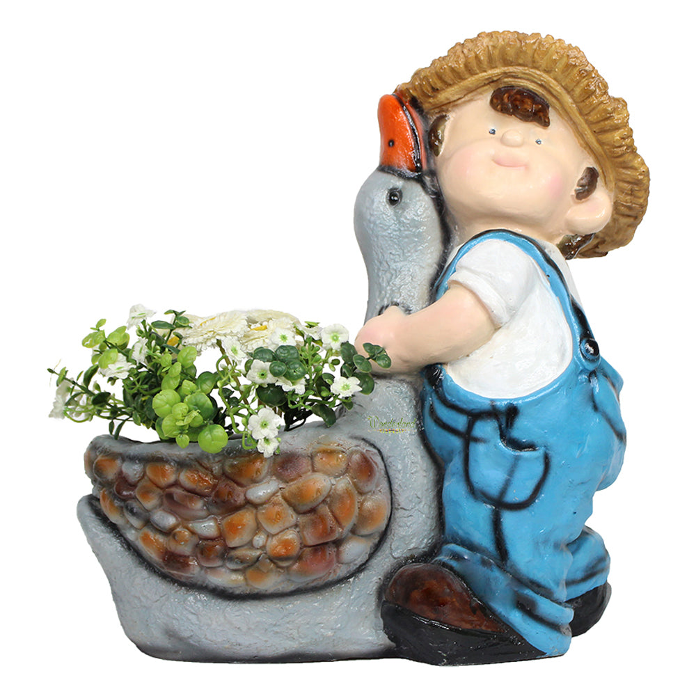 Boy with Duck Pot Planter for Balcony and Garden Decoration