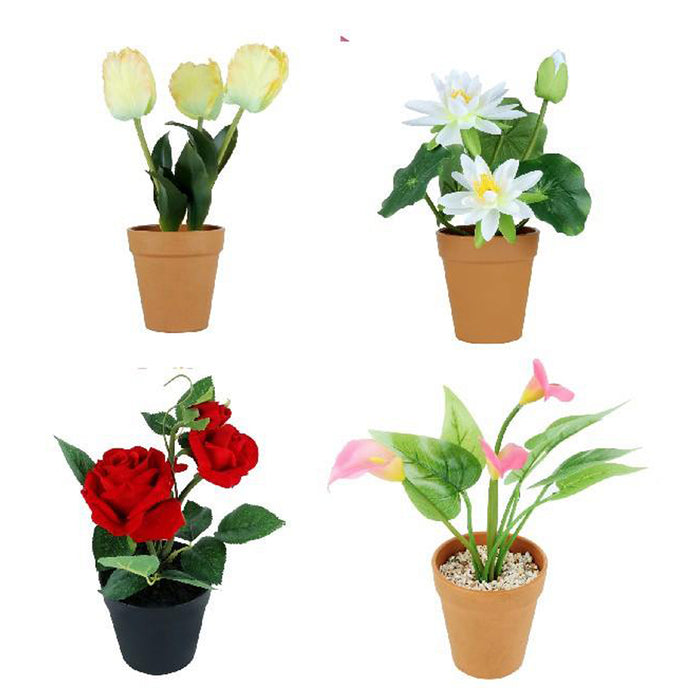 Set of 4 Artificial Real Looking Flower Pots ( Rose, Lotus, Calla Lilly & Tulips) artificial flower with plastic pot and gravel