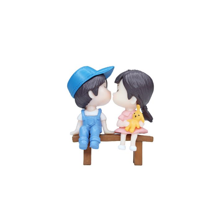Miniature Toys - Set of 2 Girl and Boy on bench (Blue and Pink)