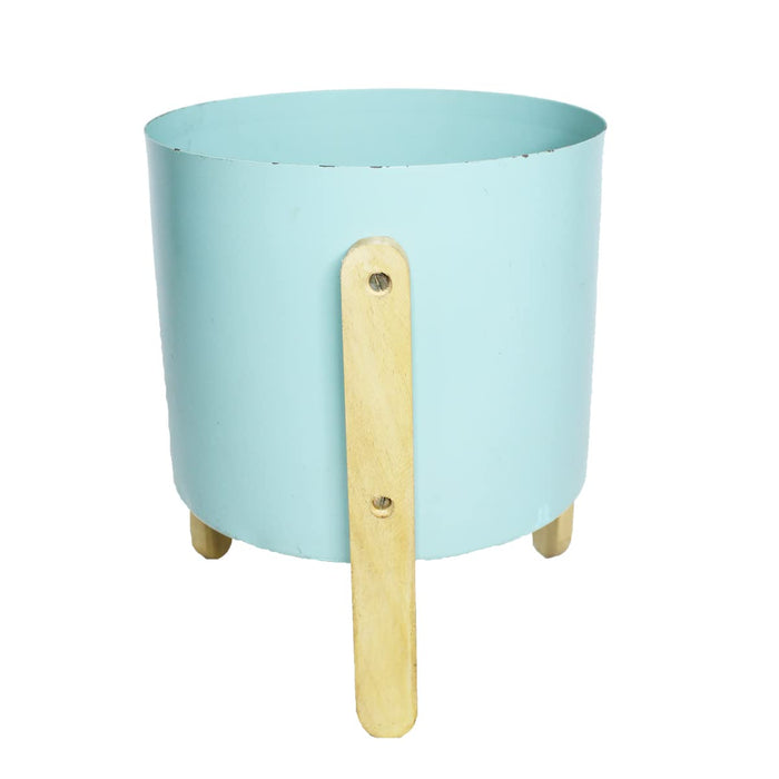 Blue Metal Planter with Wooden Stand for Home Decoration