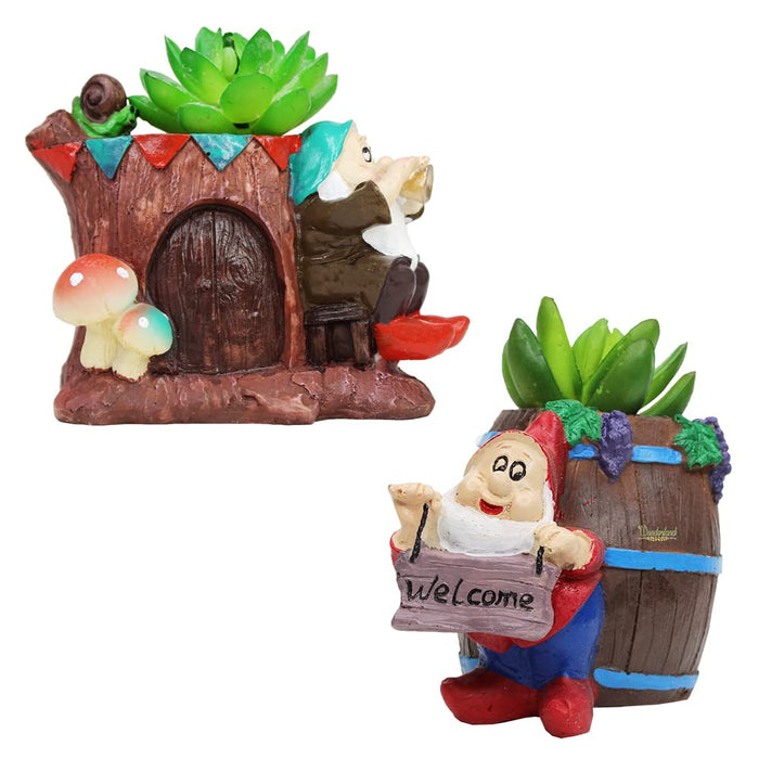 (Set of 2) Gnome with Barrel & Gnome Outside Tree House Succulent Pot