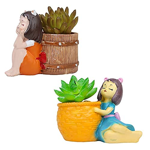 (Set of 2) Basket & Kitty Girl Succulent Pot for Home Decoration