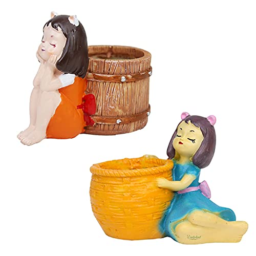(Set of 2) Basket & Kitty Girl Succulent Pot for Home Decoration