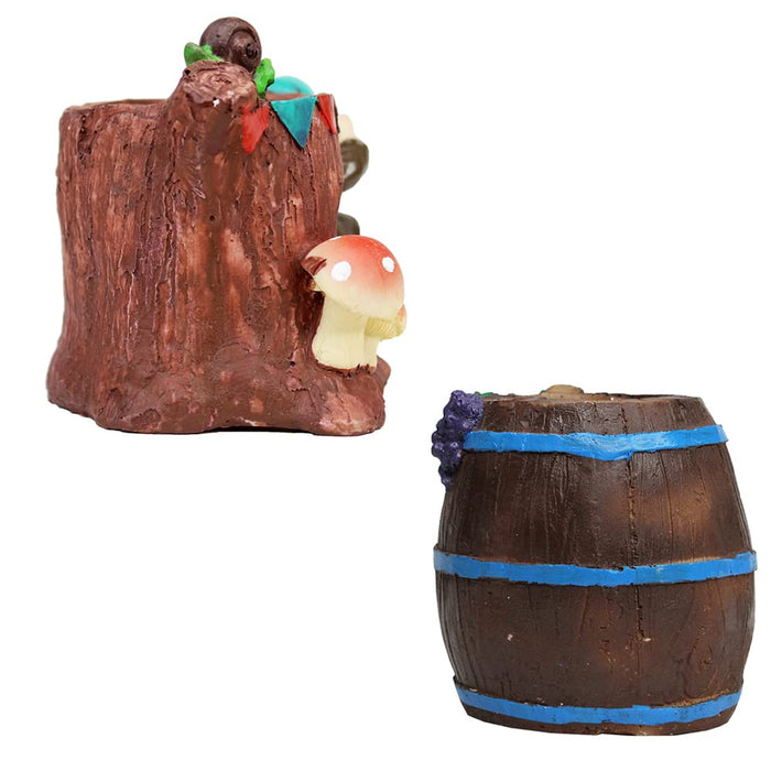 (Set of 2) Gnome with Barrel & Gnome Outside Tree House Succulent Pot