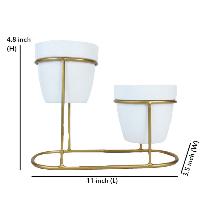 (Set of 2) White Metal Pot with Stand for Home Decoration