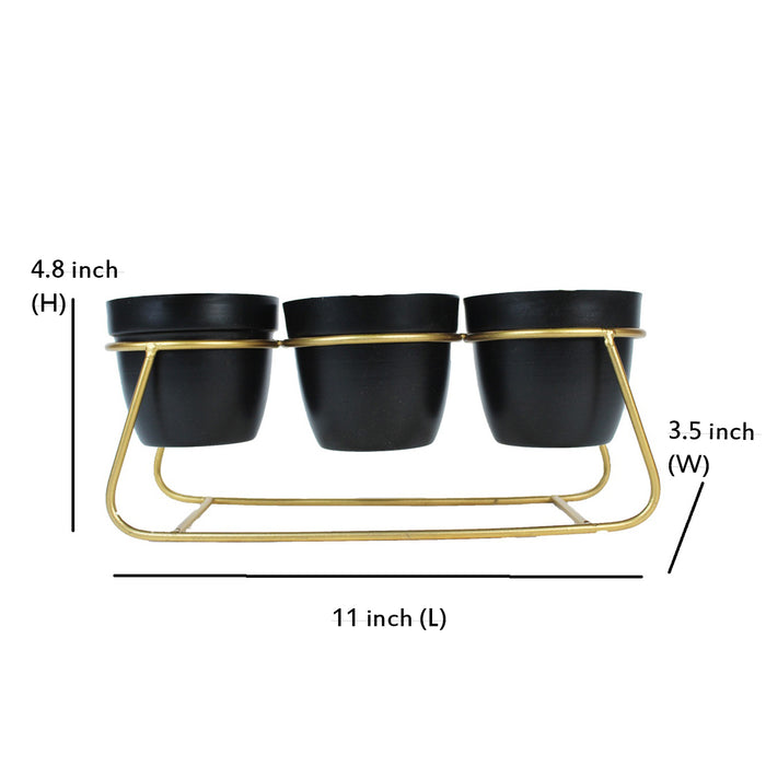 (Set of 3) Black Metal Pot with Stand for Home Decoration