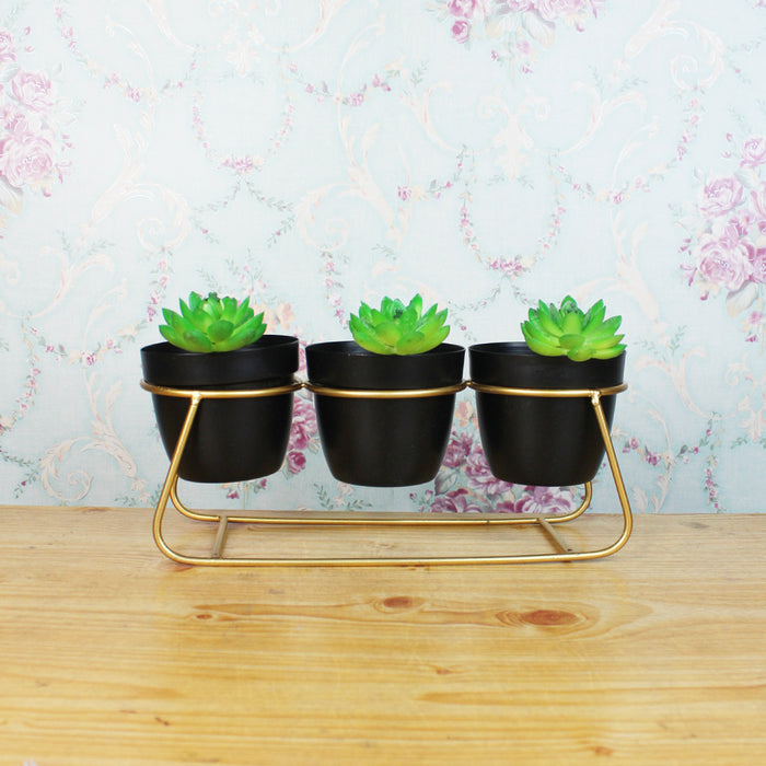 (Set of 3) Black Metal Pot with Stand for Home Decoration