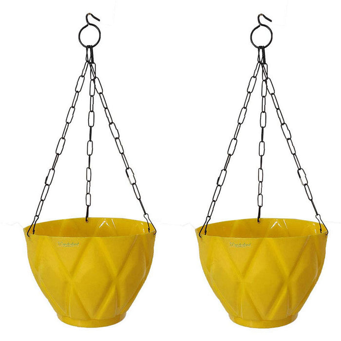 (Set of 2) Hanging Solitaire Pot with Chain and Drain Base for Home Garden, Yellow