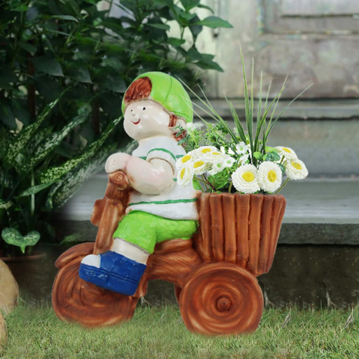 Boy on Cycle Planter for Garden Decoration (Green)